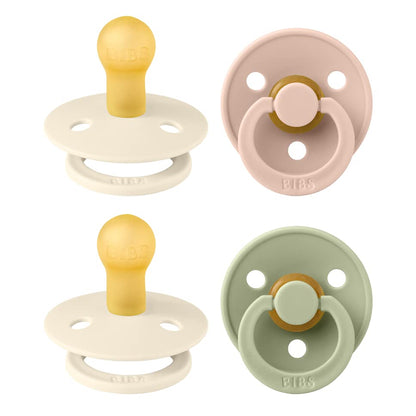 BIBS Pacifiers - Colour 4 Pack | Round Nipple Baby Pacifier | BPA Free Natural Rubber Latex Soother | Designed & Made in Denmark