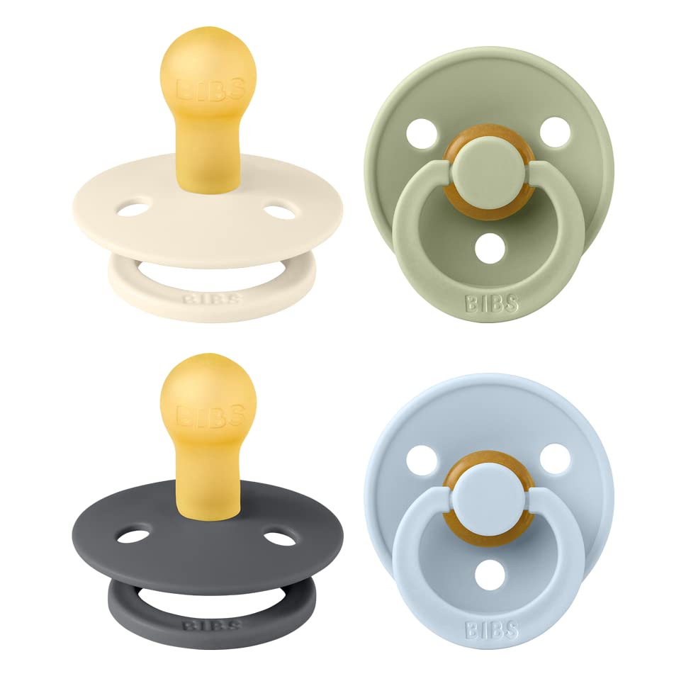 BIBS Pacifiers - Colour 4 Pack | Round Nipple Baby Pacifier | BPA Free Natural Rubber Latex Soother | Designed & Made in Denmark