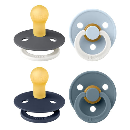 BIBS Pacifiers - Colour 4 Pack | Round Nipple Baby Pacifier | BPA Free Natural Rubber Latex Soother | Designed & Made in Denmark