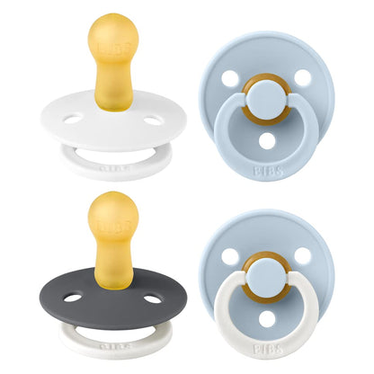 BIBS Pacifiers - Colour 4 Pack | Round Nipple Baby Pacifier | BPA Free Natural Rubber Latex Soother | Designed & Made in Denmark