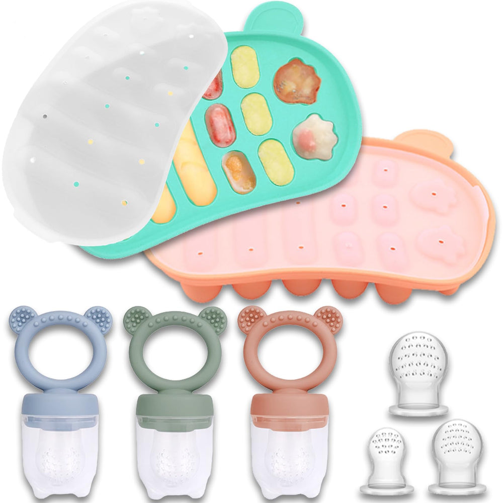 JEXFUN Silicone Baby Fruit Food Feeder Pacifier & Freezer Tray Set, Breastmilk Popsicle Mold for Teething, Silicone Baby Food Storage Containers for Baby Teething & Infant Self Feeding, BPA Free, C