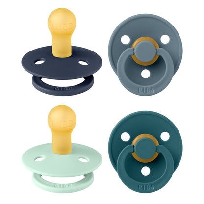 BIBS Pacifiers - Colour 4 Pack | Round Nipple Baby Pacifier | BPA Free Natural Rubber Latex Soother | Designed & Made in Denmark