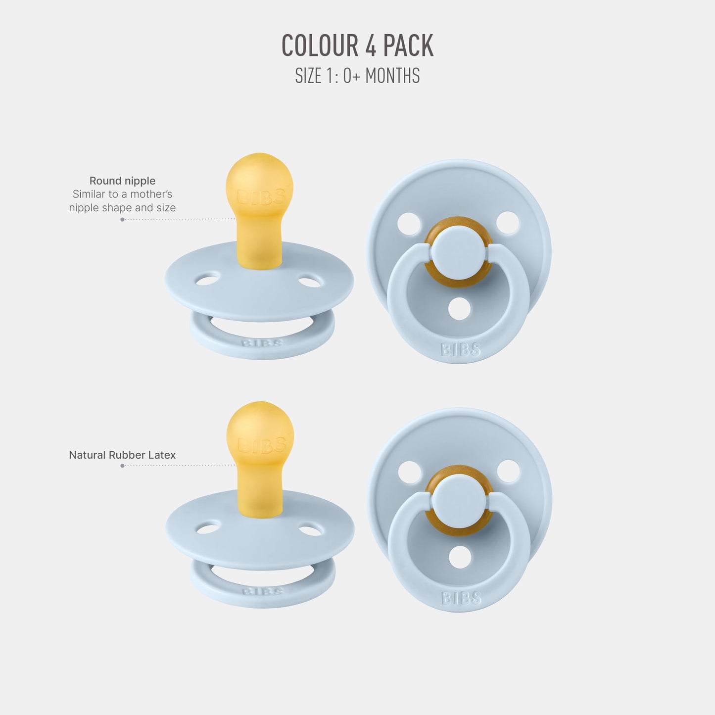 BIBS Pacifiers - Colour 4 Pack | Round Nipple Baby Pacifier | BPA Free Natural Rubber Latex Soother | Designed & Made in Denmark