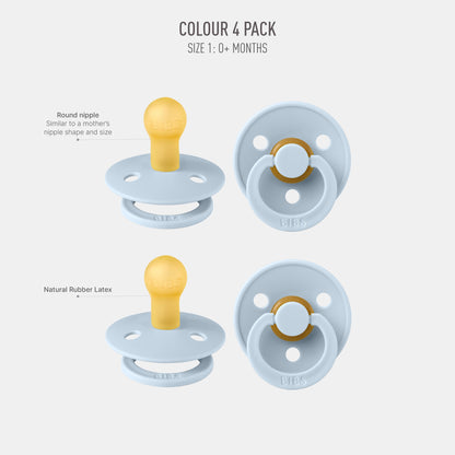 BIBS Pacifiers - Colour 4 Pack | Round Nipple Baby Pacifier | BPA Free Natural Rubber Latex Soother | Designed & Made in Denmark