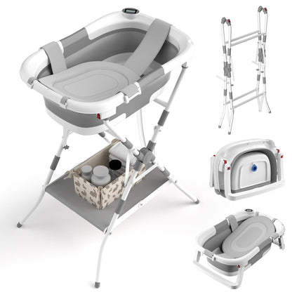 BALLA BALEIN Baby Bathtub with Stand, 2-in-1 Collapsible Bath Tubs for Newborn to Toddler, Infant Bathtub with Folding Stand, Portable Bathtub for Baby Including Soft Cushion, Storage Pad