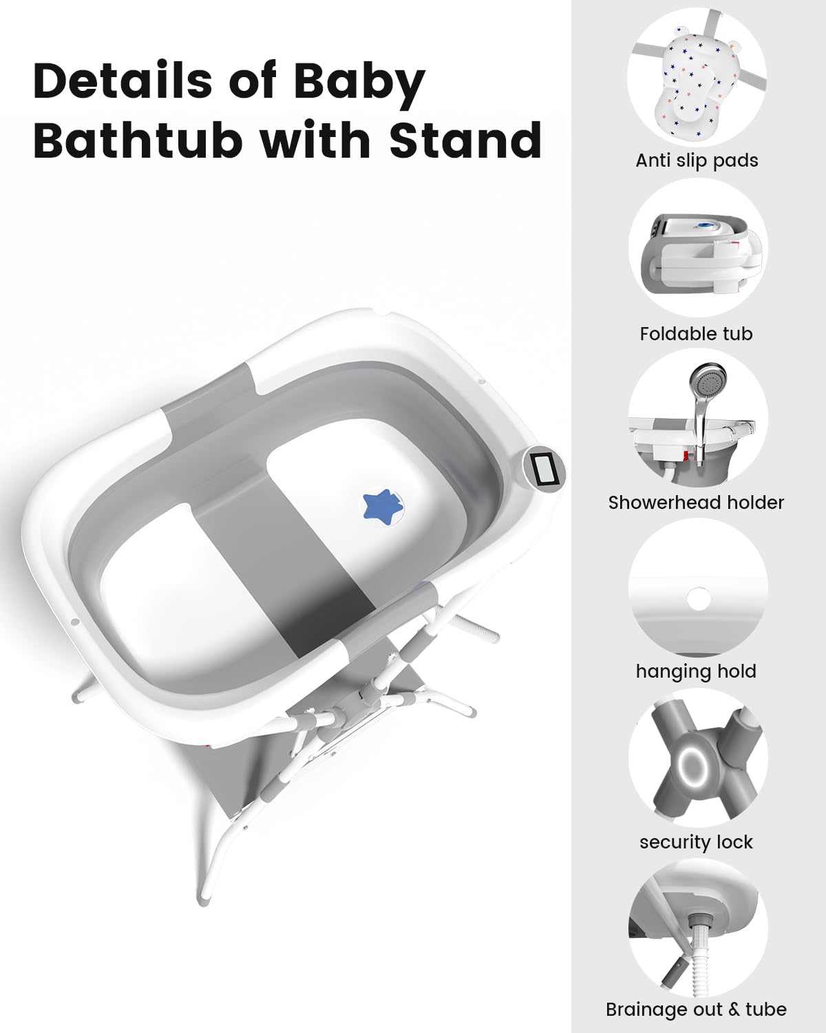 BALLA BALEIN Baby Bathtub with Stand, 2-in-1 Collapsible Bath Tubs for Newborn to Toddler, Infant Bathtub with Folding Stand, Portable Bathtub for Baby Including Soft Cushion, Storage Pad