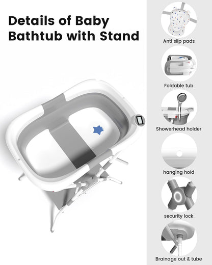 BALLA BALEIN Baby Bathtub with Stand, 2-in-1 Collapsible Bath Tubs for Newborn to Toddler, Infant Bathtub with Folding Stand, Portable Bathtub for Baby Including Soft Cushion, Storage Pad