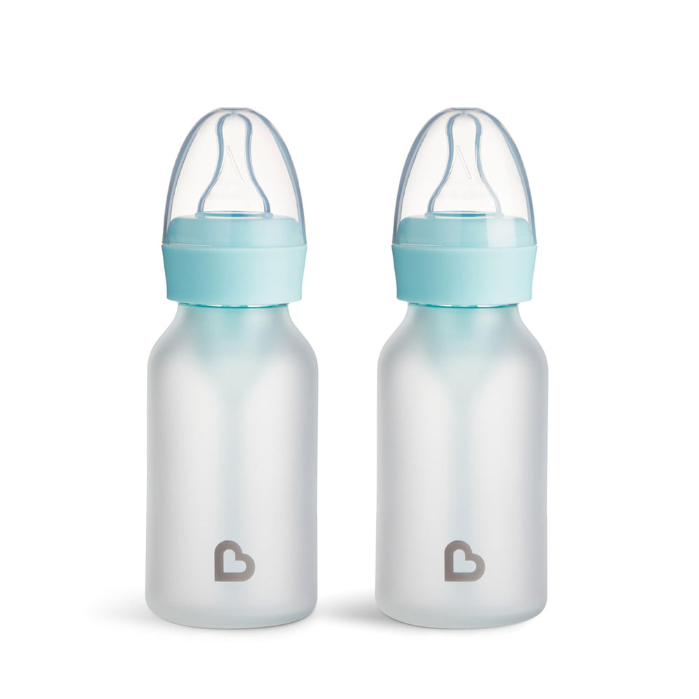 Munchkin Bond Silicone Coated Glass Baby Bottles - Anti-Colic Feeding System with Natural Feel Nipples, 4 Ounce, Blue, 1 Count (Pack of 24)