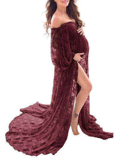 Saslax Soft Stretchy Sheer Lace Off Shoulder Maternity Maxi Dress A-line with Double Split Pregnancy Gown for Photoshoot