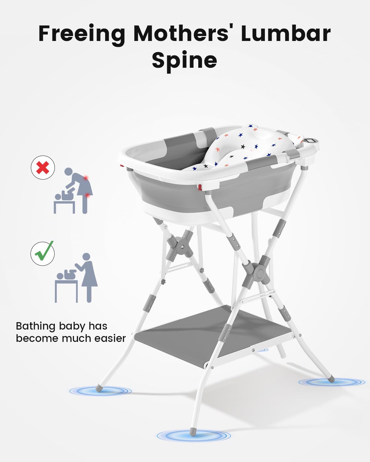 BALLA BALEIN Baby Bathtub with Stand, 2-in-1 Collapsible Bath Tubs for Newborn to Toddler, Infant Bathtub with Folding Stand, Portable Bathtub for Baby Including Soft Cushion, Storage Pad