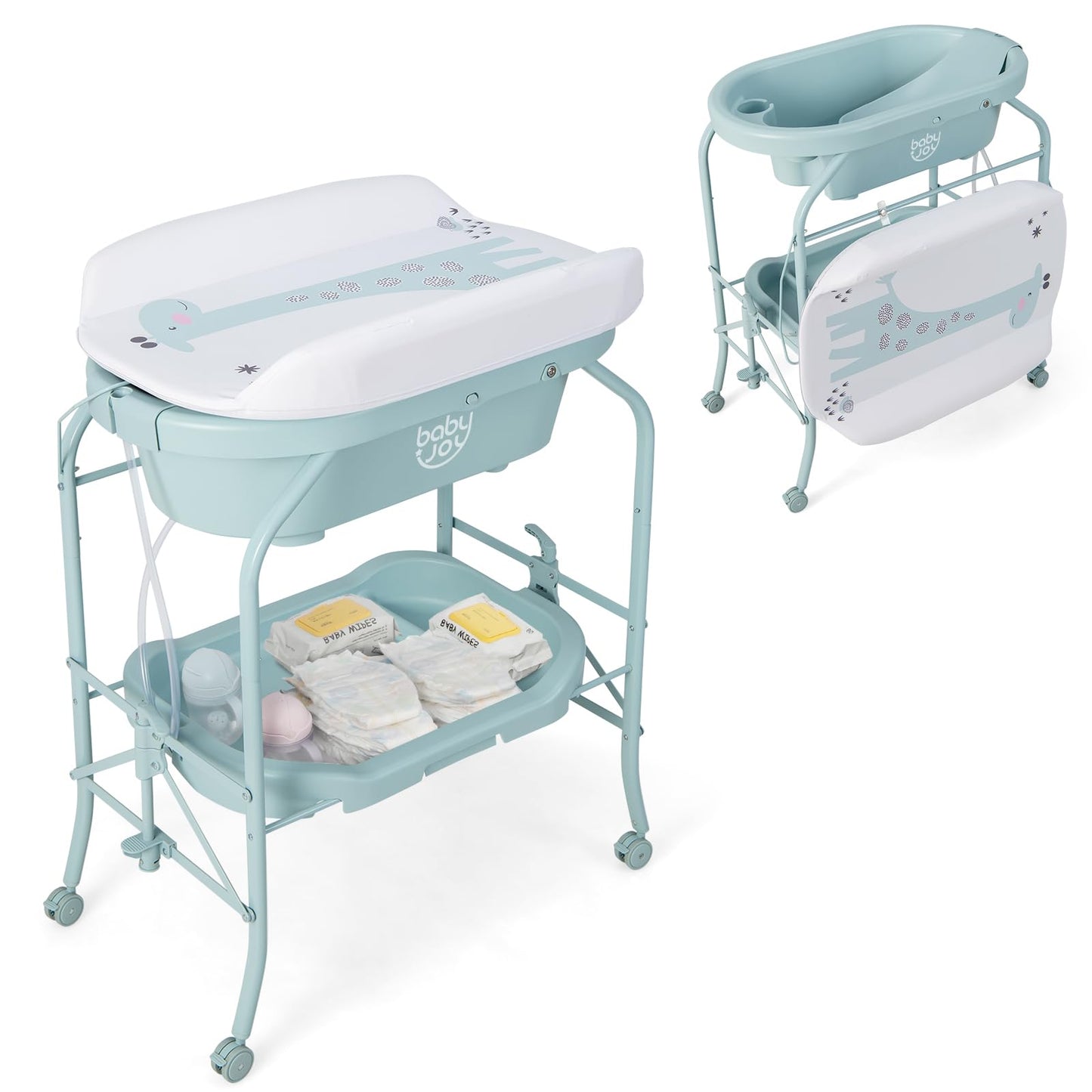 BABY JOY Baby Bathtub with Changing Table, Foldable Infant Diaper Changing Station with Storage Tray, Waterproof Pad, Portable Newborn Nursery Organizer Bath Stand with 4 Universal Wheels