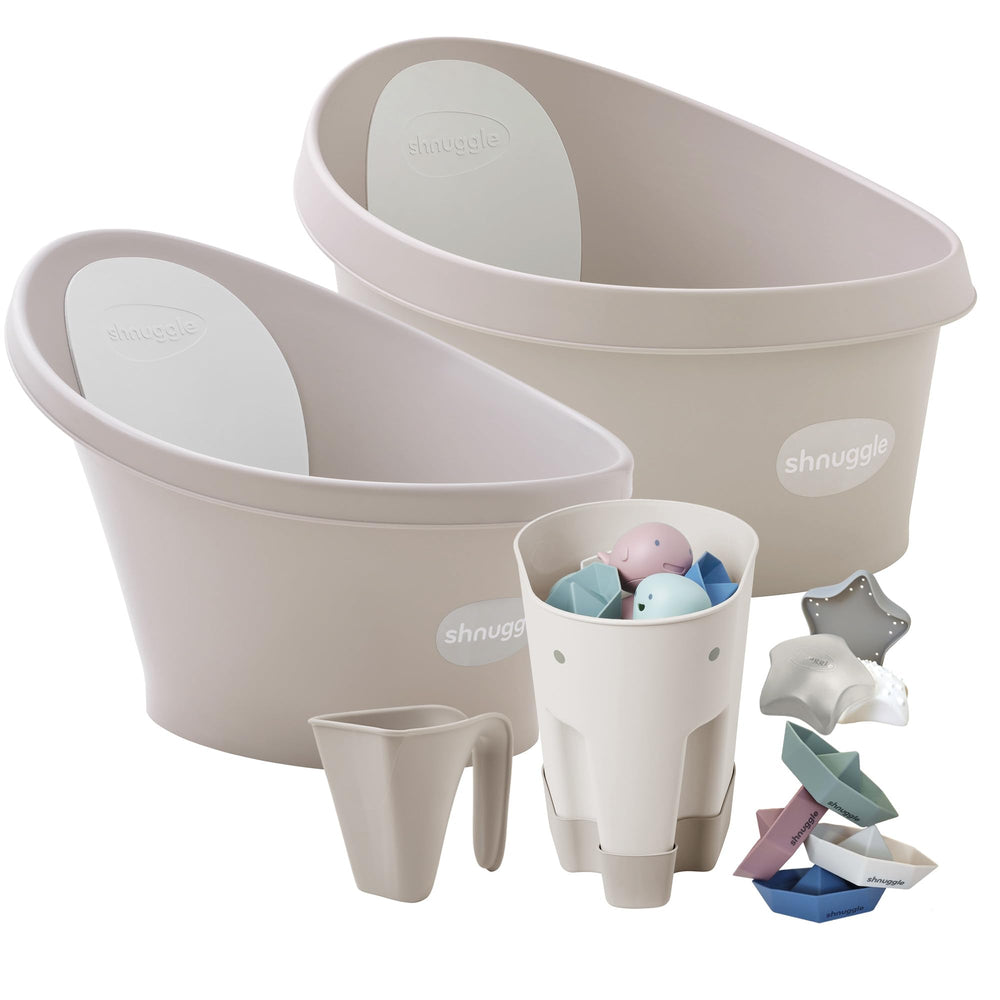 Toddler & Baby Bath Accessories Bundle | Ellie Toy Scoop, Washy Rinse Jug, Stack n Sail Boats, Wishy Sensory Toy - 6-Piece Set, Taupe
