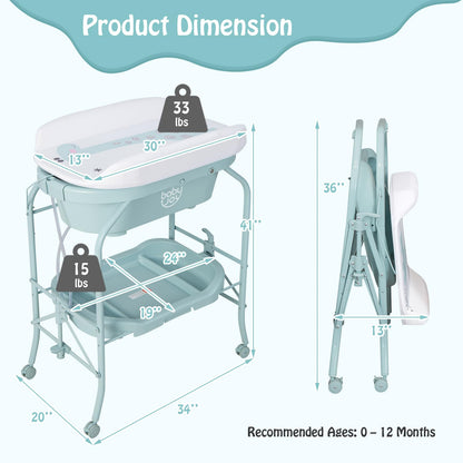 BABY JOY Baby Bathtub with Changing Table, Foldable Infant Diaper Changing Station with Storage Tray, Waterproof Pad, Portable Newborn Nursery Organizer Bath Stand with 4 Universal Wheels