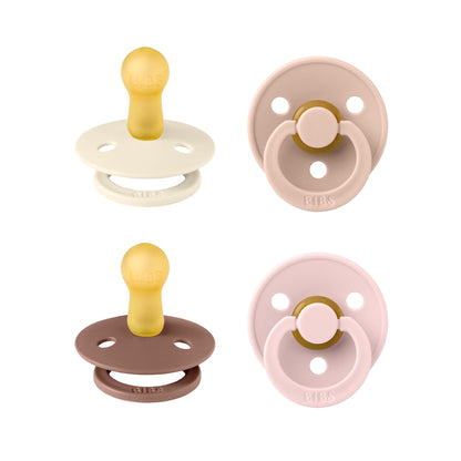 BIBS Pacifiers - Colour 4 Pack | Round Nipple Baby Pacifier | BPA Free Natural Rubber Latex Soother | Designed & Made in Denmark