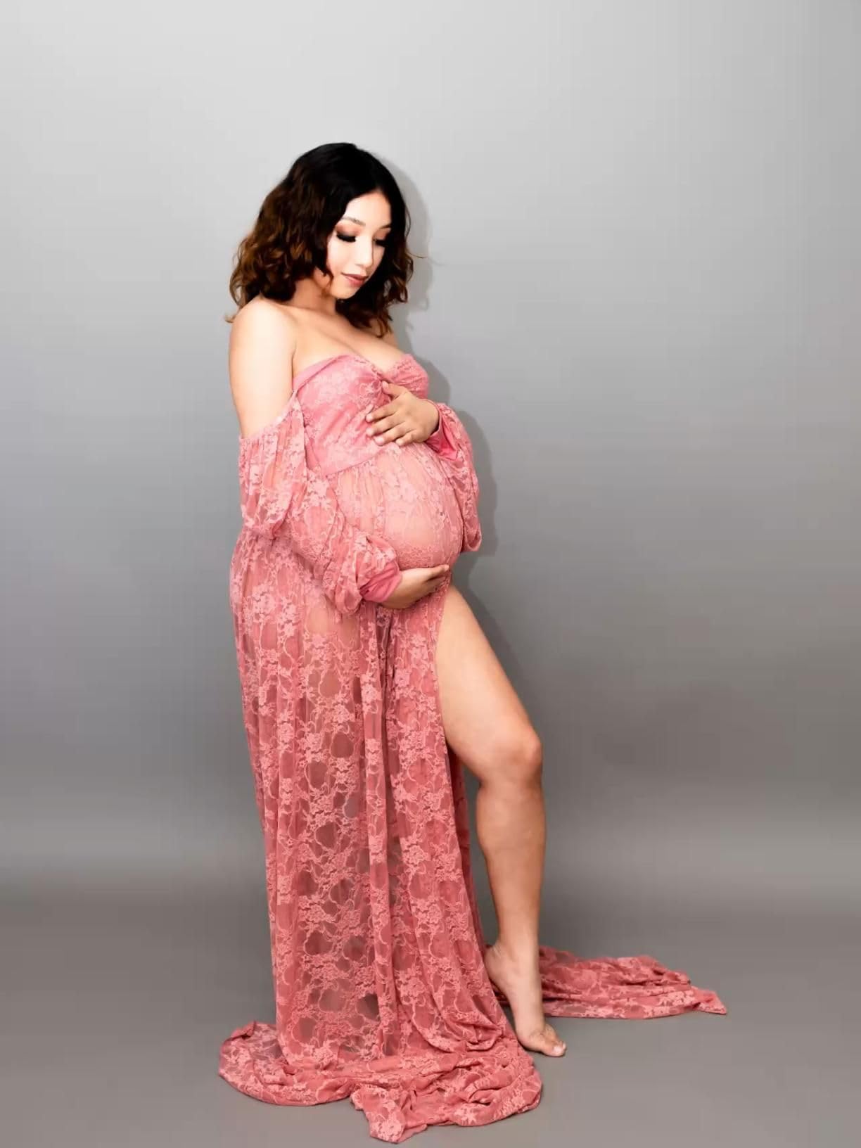 Saslax Soft Stretchy Sheer Lace Off Shoulder Maternity Maxi Dress A-line with Double Split Pregnancy Gown for Photoshoot