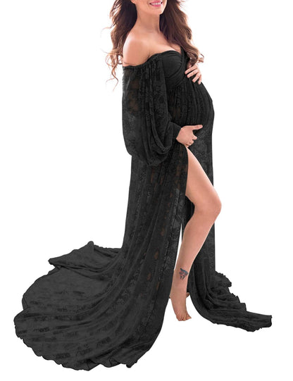Saslax Soft Stretchy Sheer Lace Off Shoulder Maternity Maxi Dress A-line with Double Split Pregnancy Gown for Photoshoot