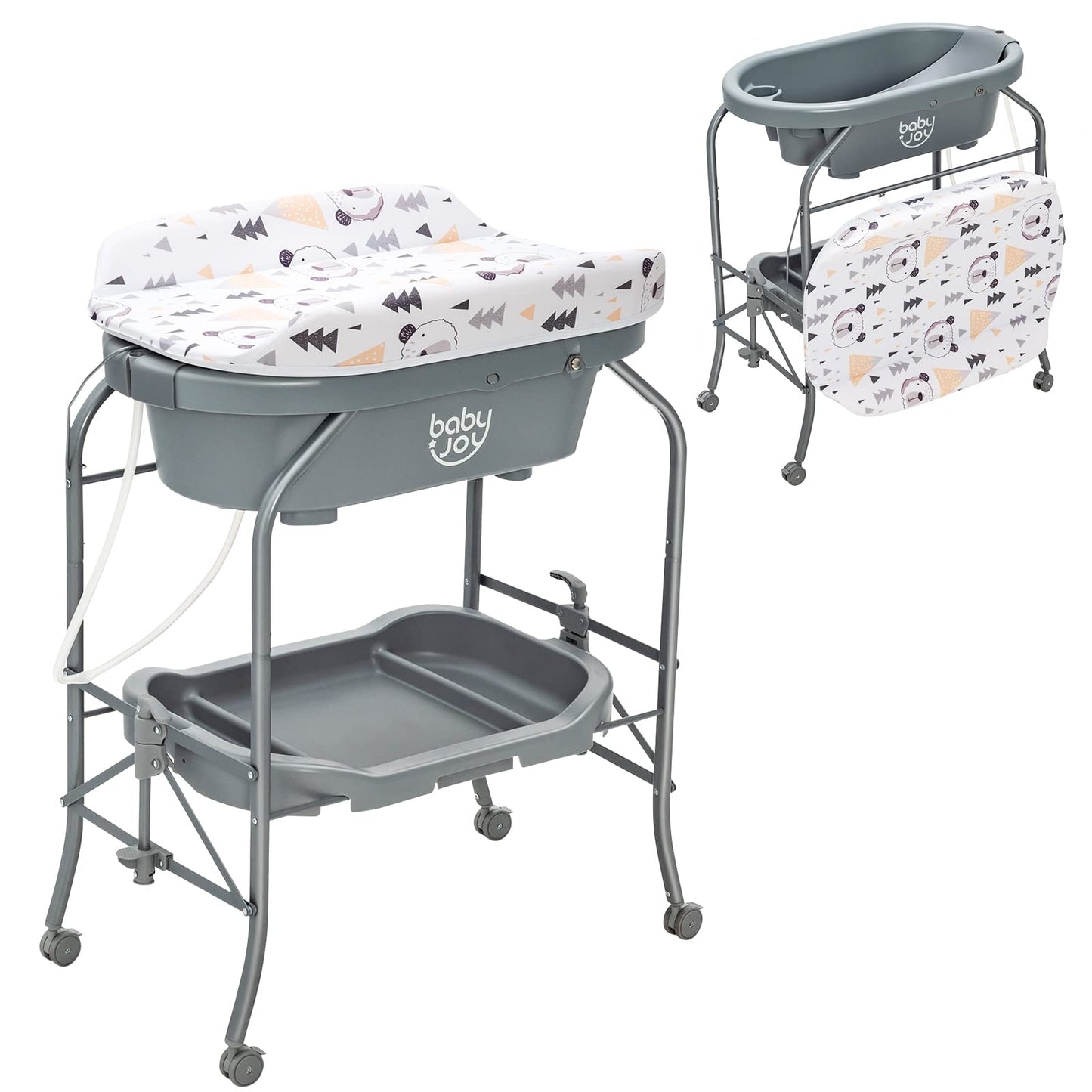 BABY JOY Baby Bathtub with Changing Table, Foldable Infant Diaper Changing Station with Storage Tray, Waterproof Pad, Portable Newborn Nursery Organizer Bath Stand with 4 Universal Wheels