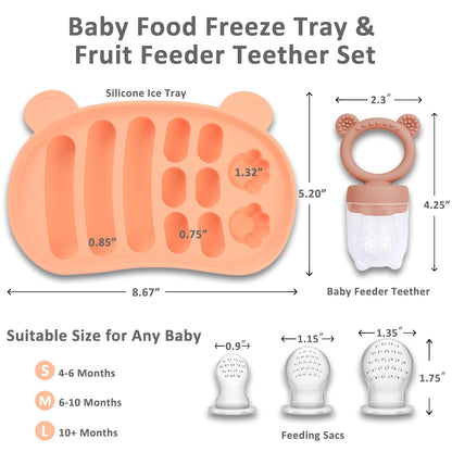 JEXFUN Silicone Baby Fruit Food Feeder Pacifier & Freezer Tray Set, Breastmilk Popsicle Mold for Teething, Silicone Baby Food Storage Containers for Baby Teething & Infant Self Feeding, BPA Free, C