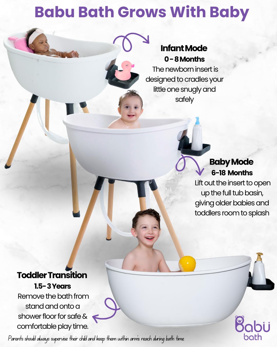 Babu Bath Luxury Standing Baby Bathtub, 3-Stage Convertible with Wooden Stand, Ergonomic Design