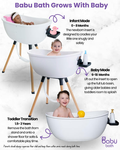 Babu Bath Luxury Standing Baby Bathtub, 3-Stage Convertible with Wooden Stand, Ergonomic Design