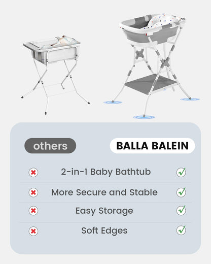 BALLA BALEIN Baby Bathtub with Stand, 2-in-1 Collapsible Bath Tubs for Newborn to Toddler, Infant Bathtub with Folding Stand, Portable Bathtub for Baby Including Soft Cushion, Storage Pad