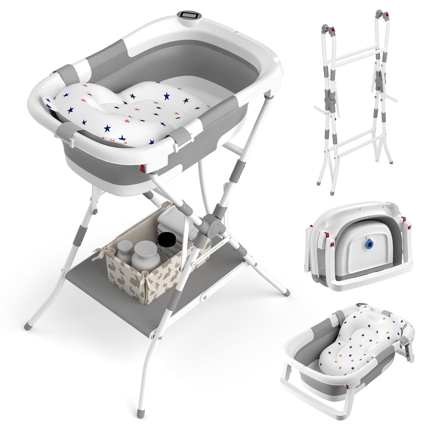 BALLA BALEIN Baby Bathtub with Stand, 2-in-1 Collapsible Bath Tubs for Newborn to Toddler, Infant Bathtub with Folding Stand, Portable Bathtub for Baby Including Soft Cushion, Storage Pad