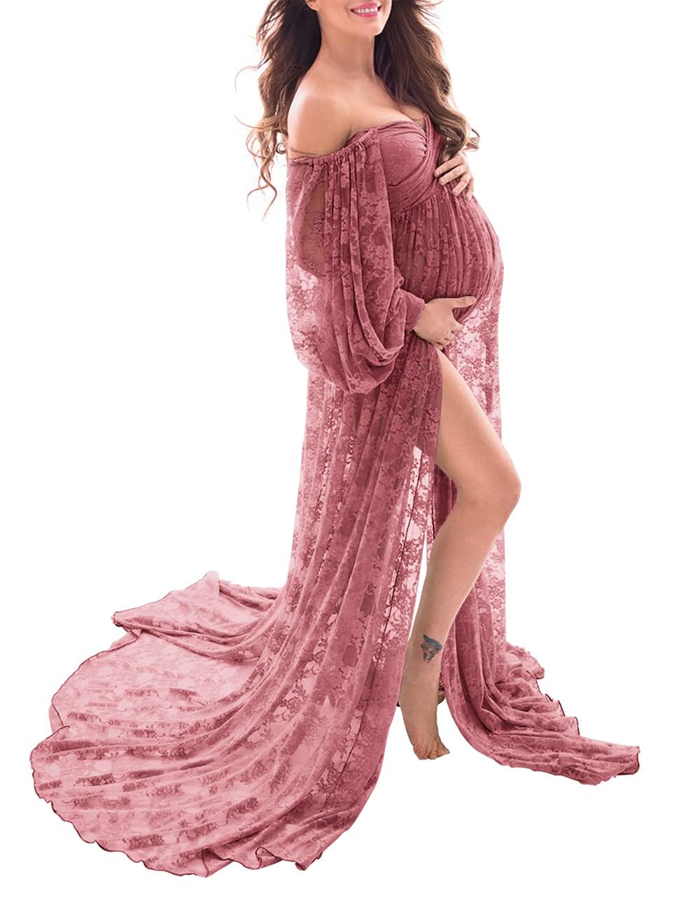 Saslax Soft Stretchy Sheer Lace Off Shoulder Maternity Maxi Dress A-line with Double Split Pregnancy Gown for Photoshoot