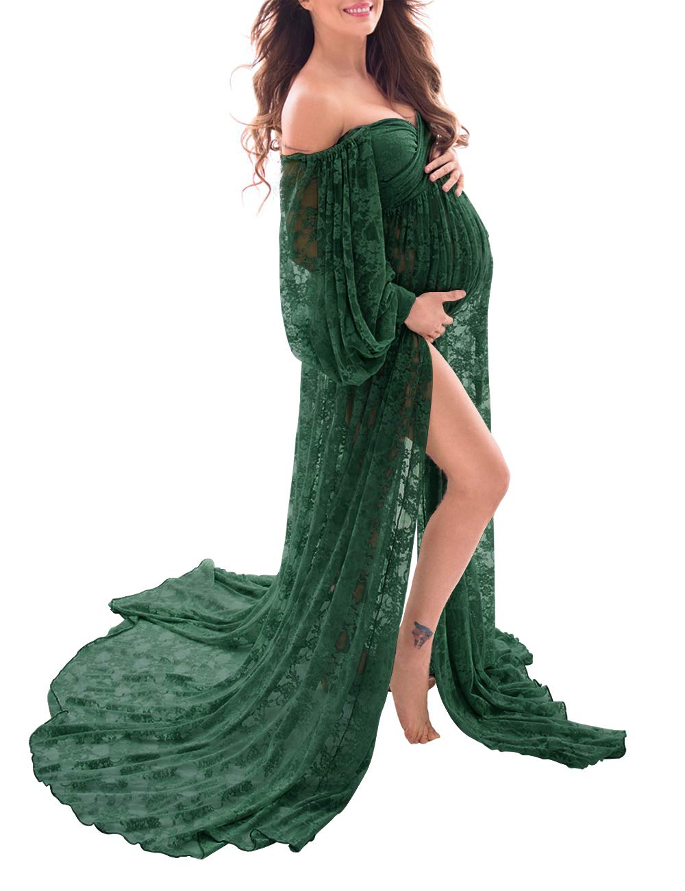 Saslax Soft Stretchy Sheer Lace Off Shoulder Maternity Maxi Dress A-line with Double Split Pregnancy Gown for Photoshoot