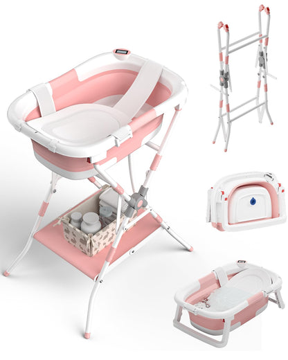 BALLA BALEIN Baby Bathtub with Stand, 2-in-1 Collapsible Bath Tubs for Newborn to Toddler, Infant Bathtub with Folding Stand, Portable Bathtub for Baby Including Soft Cushion, Storage Pad
