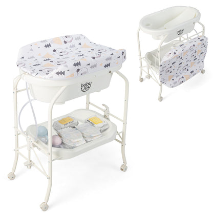BABY JOY Baby Bathtub with Changing Table, Foldable Infant Diaper Changing Station with Storage Tray, Waterproof Pad, Portable Newborn Nursery Organizer Bath Stand with 4 Universal Wheels