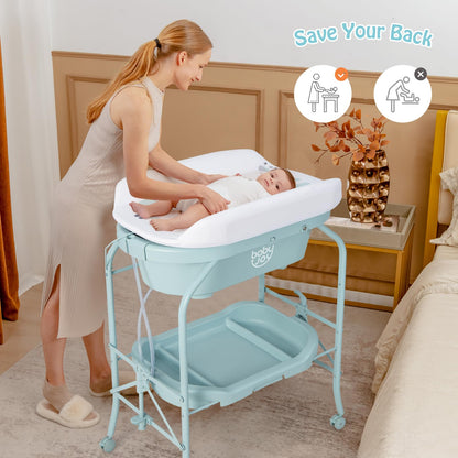 BABY JOY Baby Bathtub with Changing Table, Foldable Infant Diaper Changing Station with Storage Tray, Waterproof Pad, Portable Newborn Nursery Organizer Bath Stand with 4 Universal Wheels