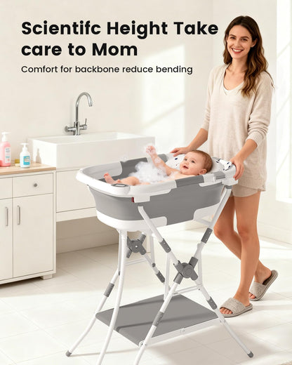 BALLA BALEIN Baby Bathtub with Stand, 2-in-1 Collapsible Bath Tubs for Newborn to Toddler, Infant Bathtub with Folding Stand, Portable Bathtub for Baby Including Soft Cushion, Storage Pad