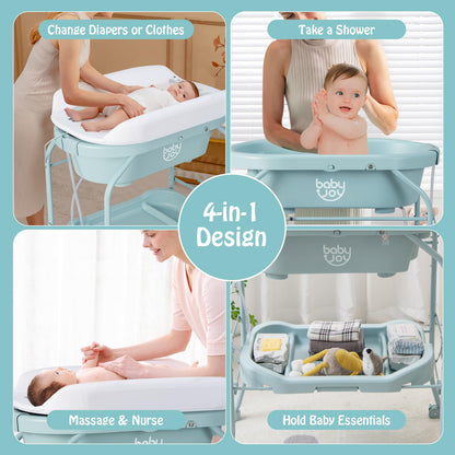 BABY JOY Baby Bathtub with Changing Table, Foldable Infant Diaper Changing Station with Storage Tray, Waterproof Pad, Portable Newborn Nursery Organizer Bath Stand with 4 Universal Wheels