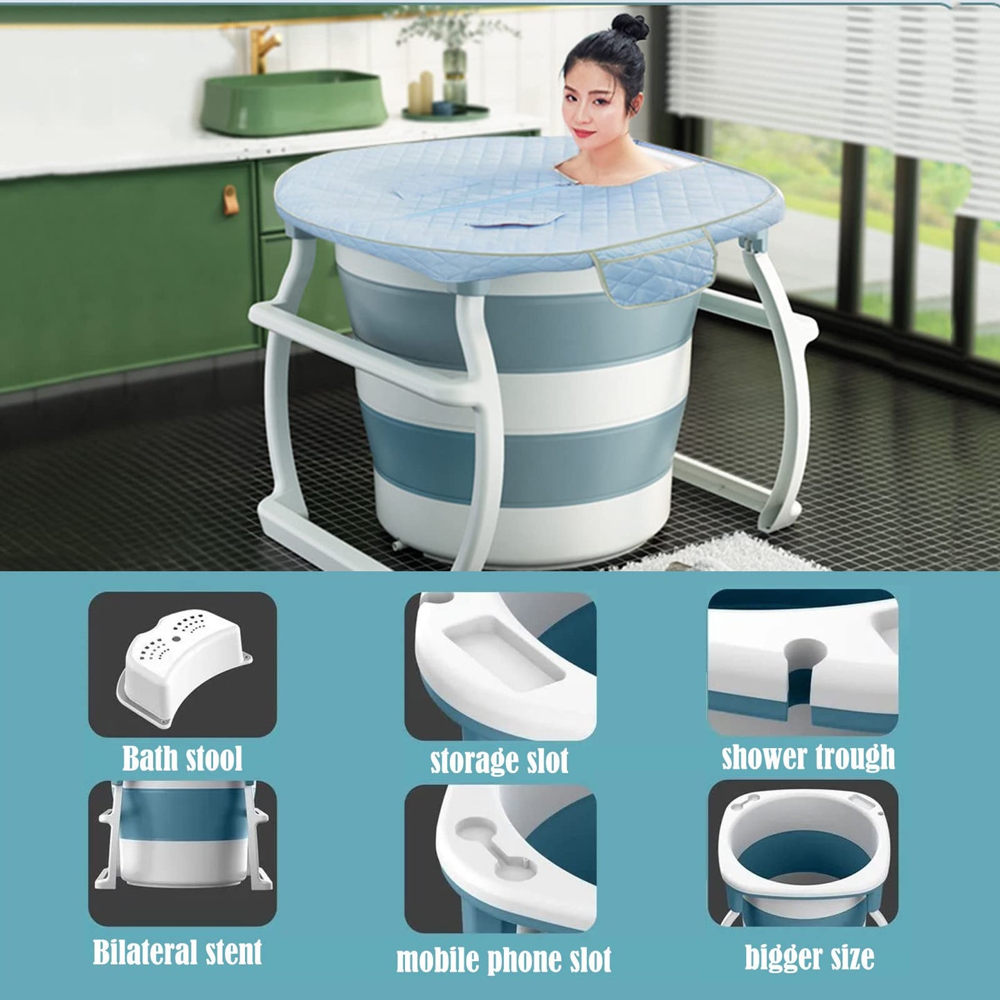 Portable Bathtub Adult Freestanding Bathtub Efficient Maintenance Of Temperature Silica Gel Folding Bathtub For Hot Or Cold Bath In Home And Outdoor,blue,L