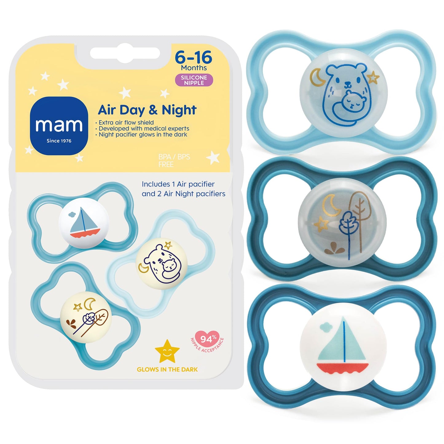 MAM Air Night & Day Baby Pacifier, for Sensitive Skin