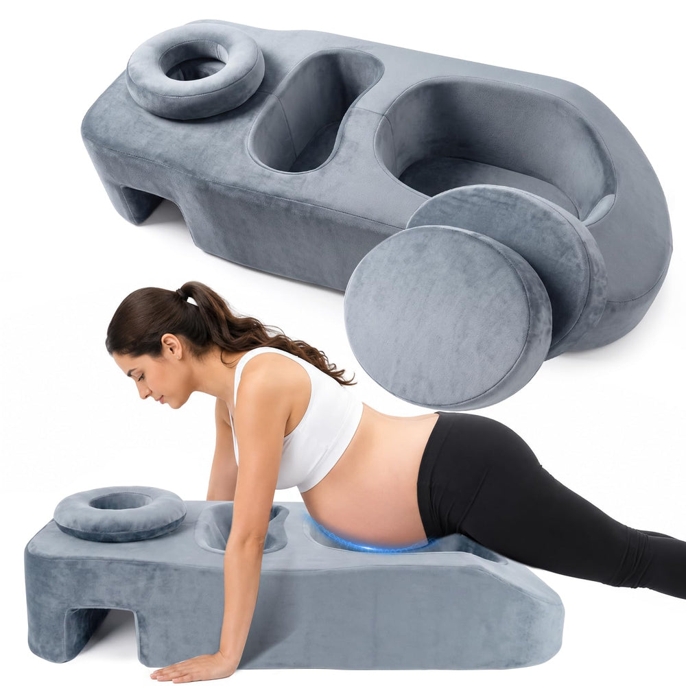 Pregnancy Massage Pillow with Headrest, Full Body Prenatal Support Cushion for Belly & Breast Comfort, Face Down Maternity Bolster for Back, Hip & Neck Relief, Washable Cover, Gray