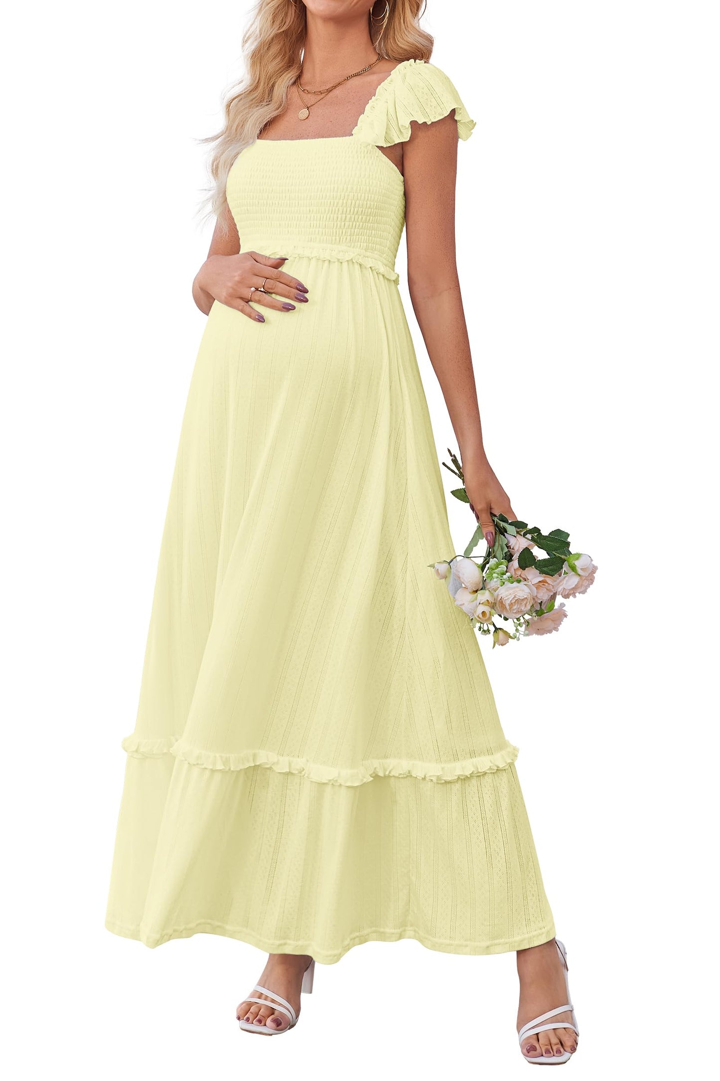 OUGES Women's Ruffle Sleeve Summer Baby Shower Maternity Photoshoot Dress