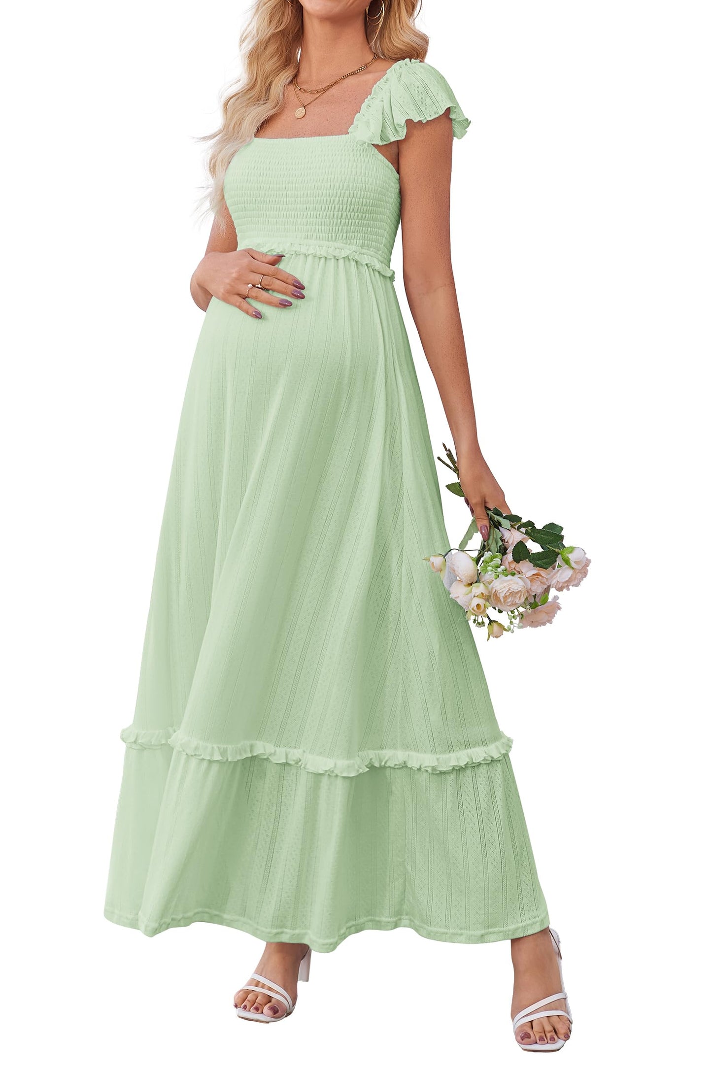 OUGES Women's Ruffle Sleeve Summer Baby Shower Maternity Photoshoot Dress