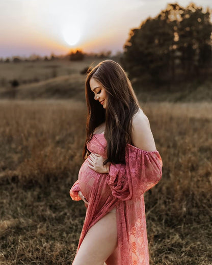 Saslax Soft Stretchy Sheer Lace Off Shoulder Maternity Maxi Dress A-line with Double Split Pregnancy Gown for Photoshoot