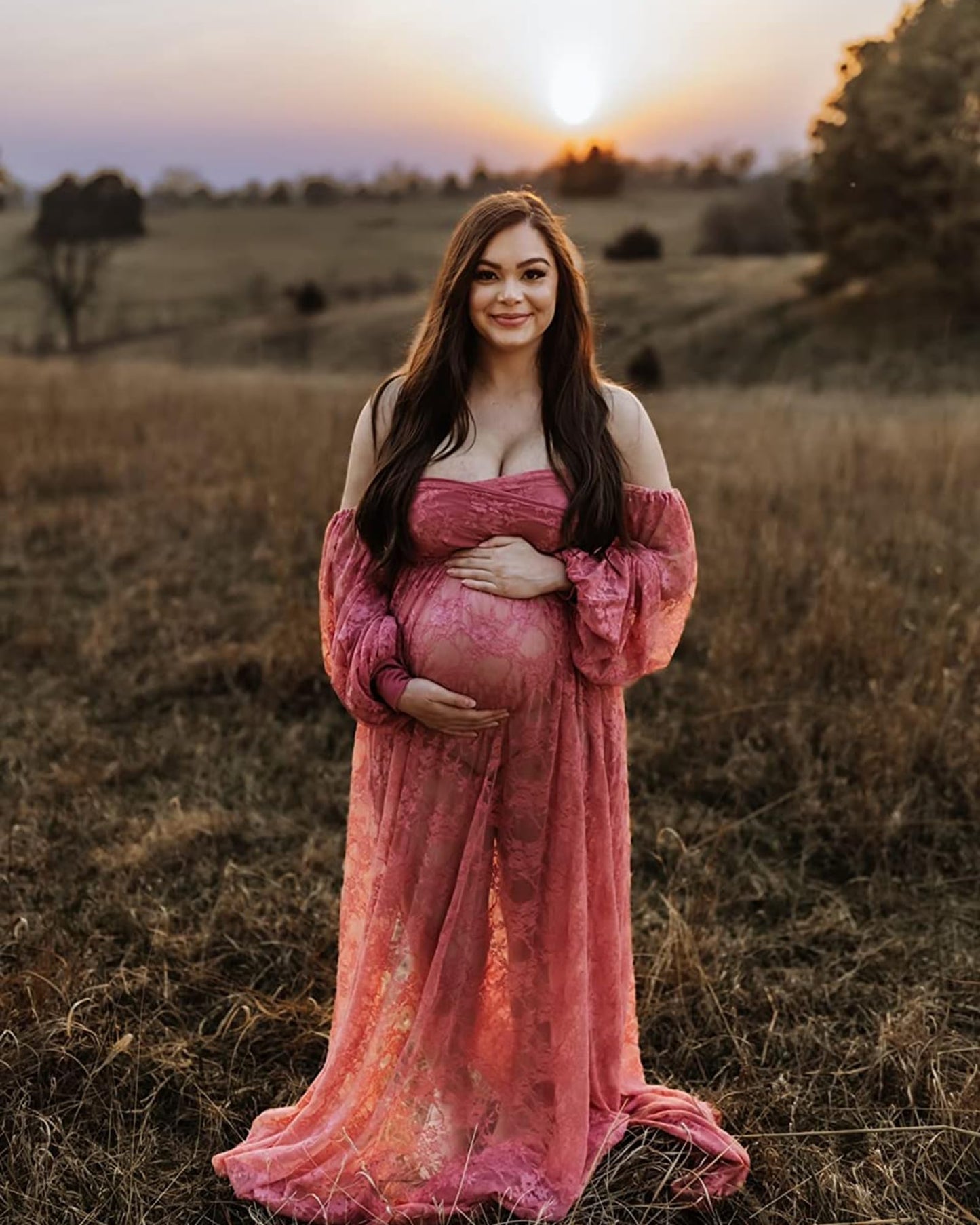 Saslax Soft Stretchy Sheer Lace Off Shoulder Maternity Maxi Dress A-line with Double Split Pregnancy Gown for Photoshoot