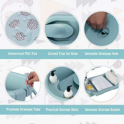 BABY JOY Baby Bathtub with Changing Table, Foldable Infant Diaper Changing Station with Storage Tray, Waterproof Pad, Portable Newborn Nursery Organizer Bath Stand with 4 Universal Wheels