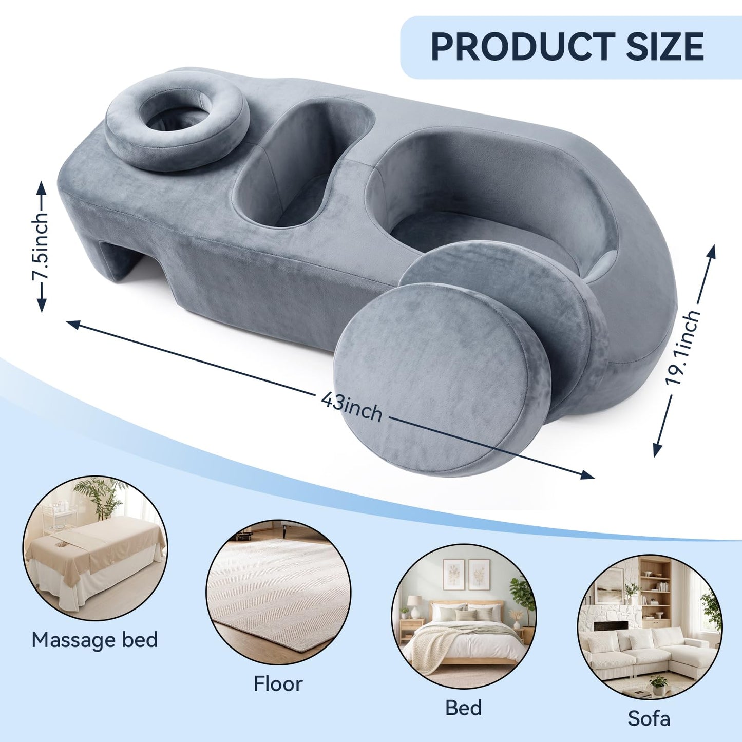 Pregnancy Massage Pillow with Headrest, Full Body Prenatal Support Cushion for Belly & Breast Comfort, Face Down Maternity Bolster for Back, Hip & Neck Relief, Washable Cover, Gray
