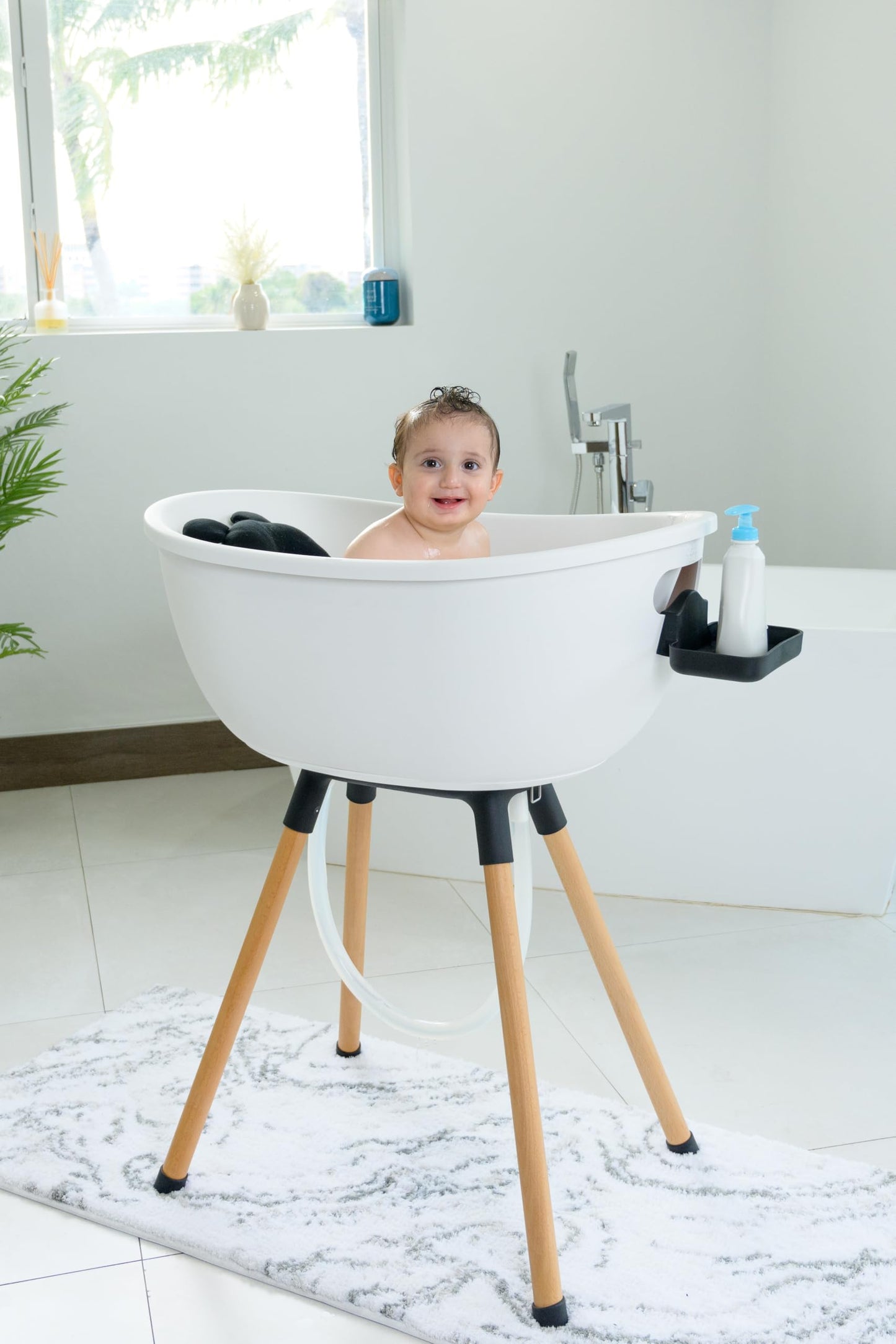 Babu Bath Luxury Standing Baby Bathtub, 3-Stage Convertible with Wooden Stand, Ergonomic Design