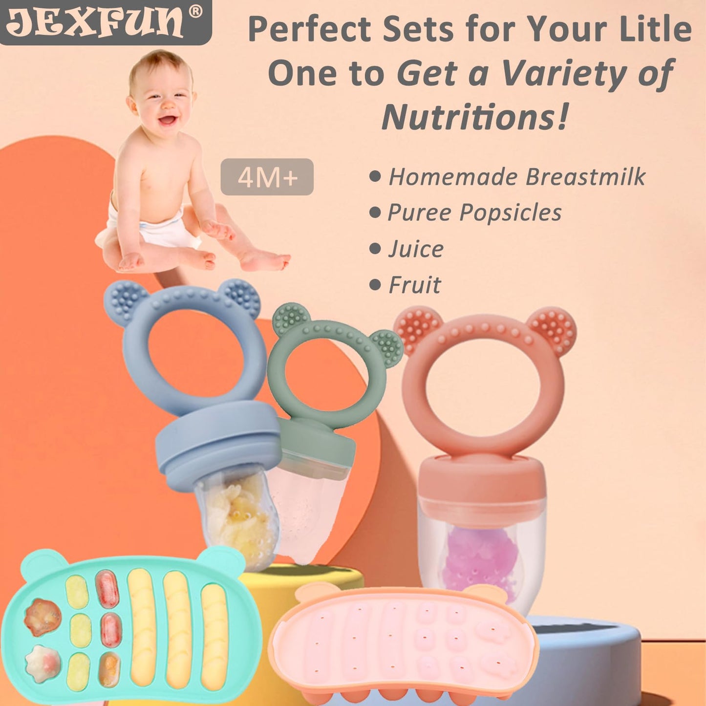 JEXFUN Silicone Baby Fruit Food Feeder Pacifier & Freezer Tray Set, Breastmilk Popsicle Mold for Teething, Silicone Baby Food Storage Containers for Baby Teething & Infant Self Feeding, BPA Free, C