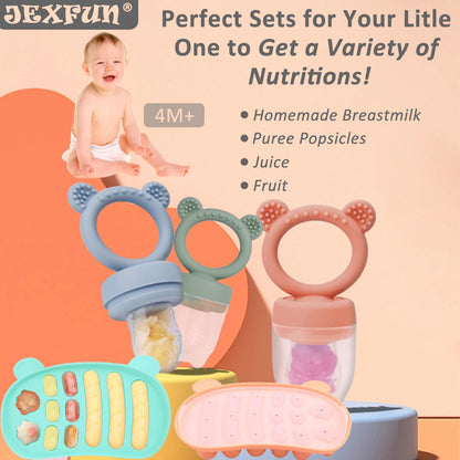 JEXFUN Silicone Baby Fruit Food Feeder Pacifier & Freezer Tray Set, Breastmilk Popsicle Mold for Teething, Silicone Baby Food Storage Containers for Baby Teething & Infant Self Feeding, BPA Free, C