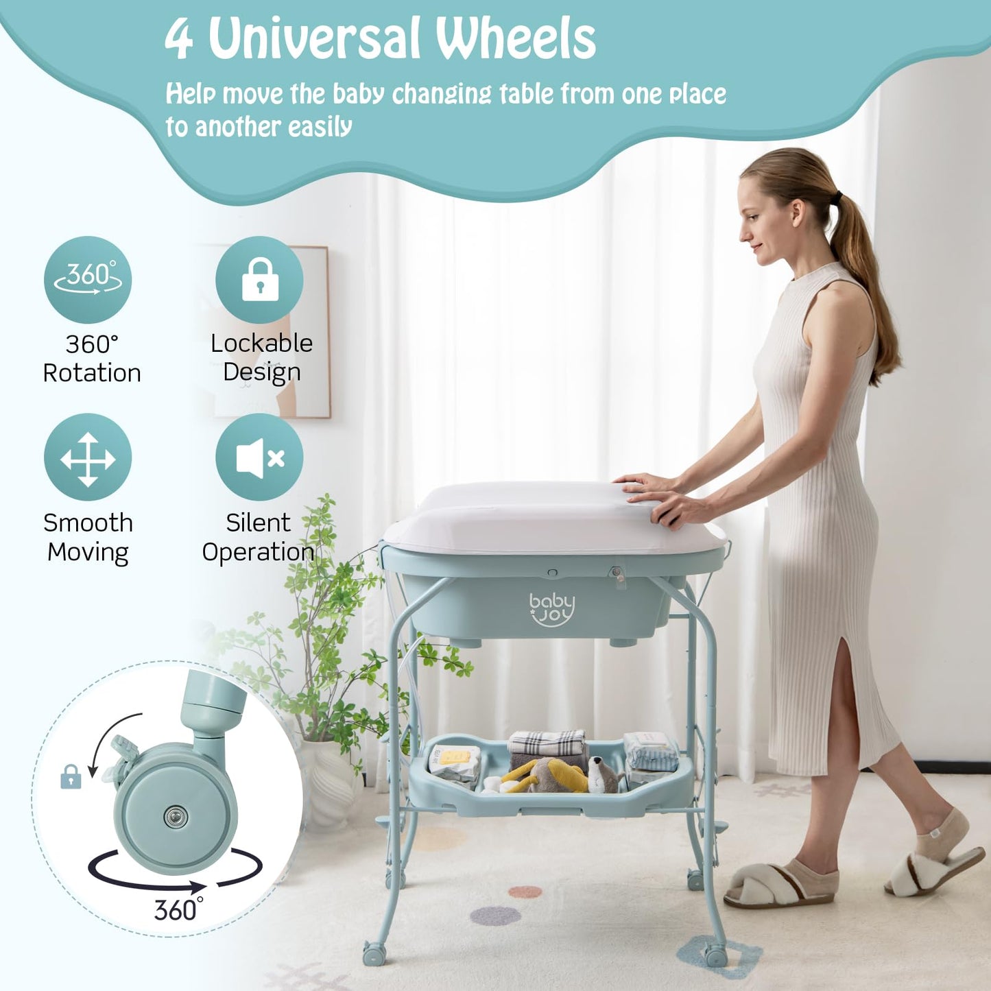 BABY JOY Baby Bathtub with Changing Table, Foldable Infant Diaper Changing Station with Storage Tray, Waterproof Pad, Portable Newborn Nursery Organizer Bath Stand with 4 Universal Wheels