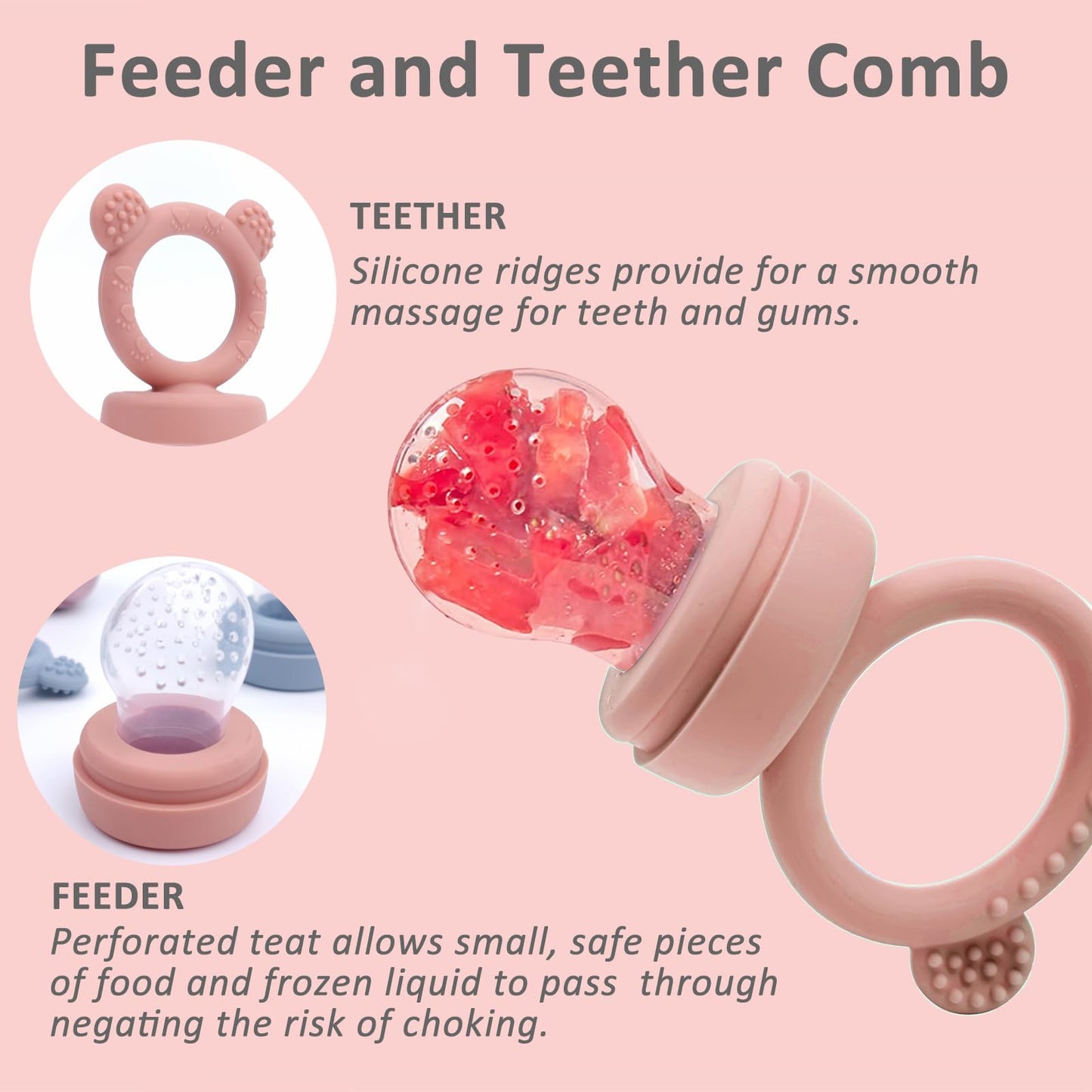 JEXFUN Silicone Baby Fruit Food Feeder Pacifier & Freezer Tray Set, Breastmilk Popsicle Mold for Teething, Silicone Baby Food Storage Containers for Baby Teething & Infant Self Feeding, BPA Free, C