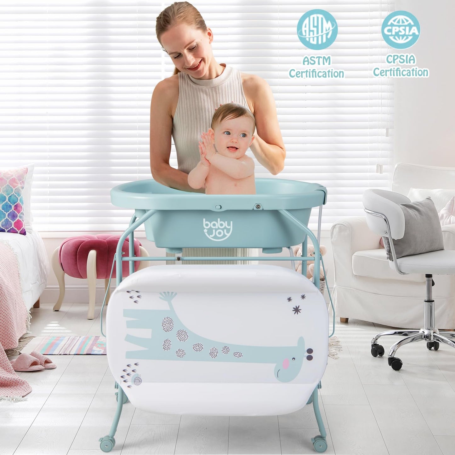 BABY JOY Baby Bathtub with Changing Table, Foldable Infant Diaper Changing Station with Storage Tray, Waterproof Pad, Portable Newborn Nursery Organizer Bath Stand with 4 Universal Wheels