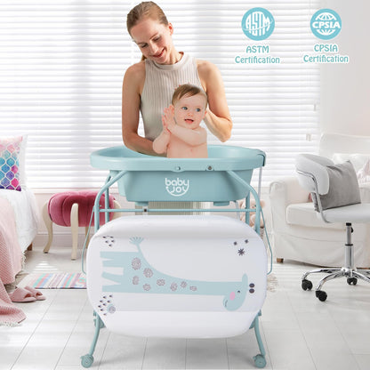 BABY JOY Baby Bathtub with Changing Table, Foldable Infant Diaper Changing Station with Storage Tray, Waterproof Pad, Portable Newborn Nursery Organizer Bath Stand with 4 Universal Wheels
