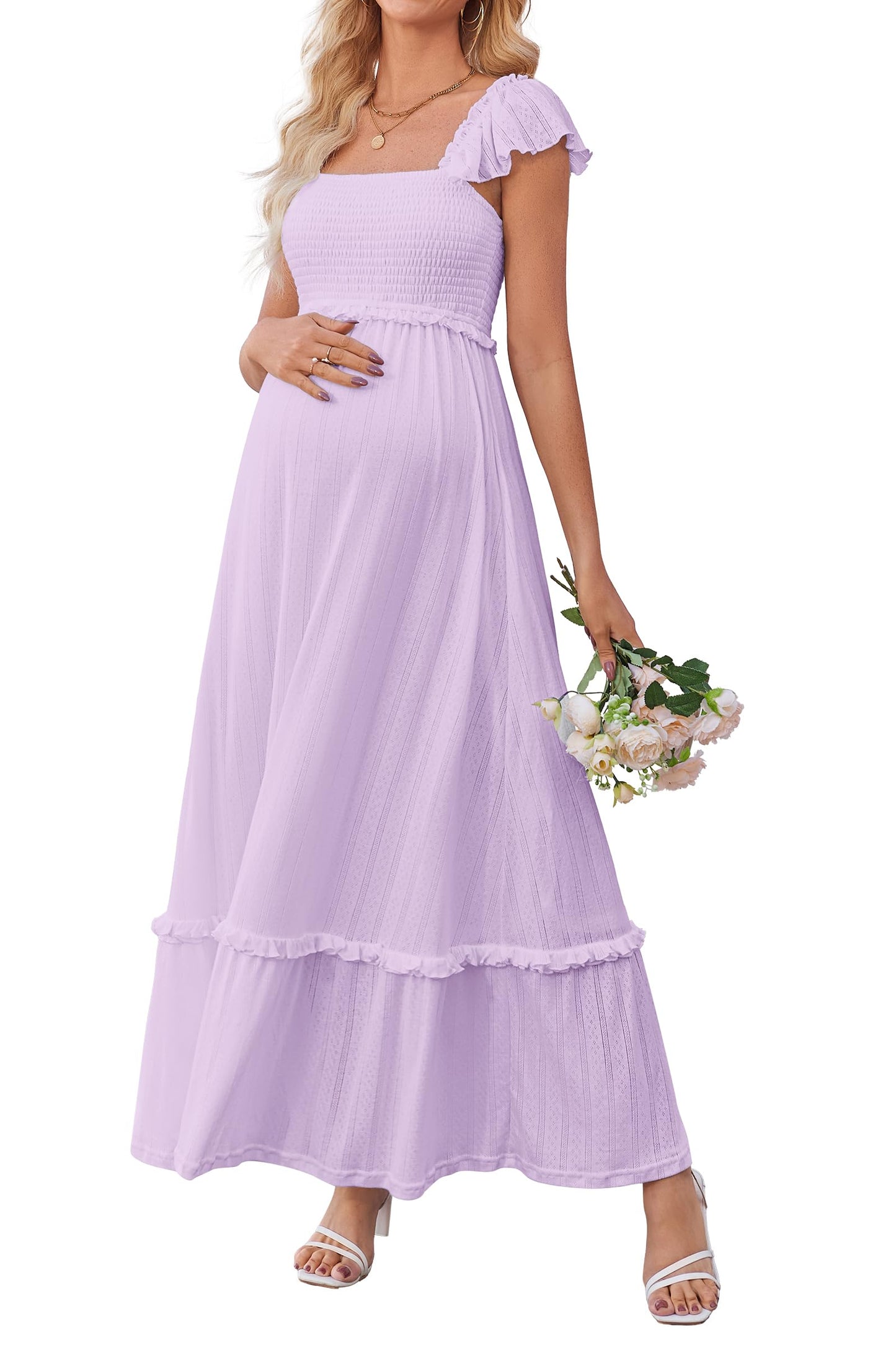 OUGES Women's Ruffle Sleeve Summer Baby Shower Maternity Photoshoot Dress